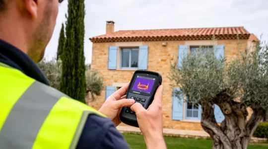 Diagnostiqueur en gilet haute visibilité inspectant la façade d'une maison provençale avec une caméra thermique