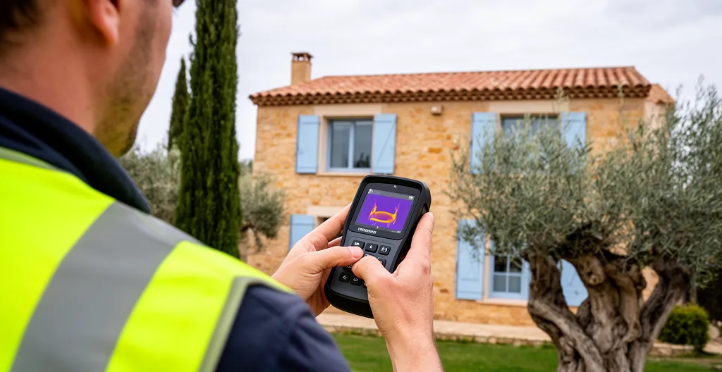 Diagnostiqueur en gilet haute visibilité inspectant la façade d'une maison provençale avec une caméra thermique