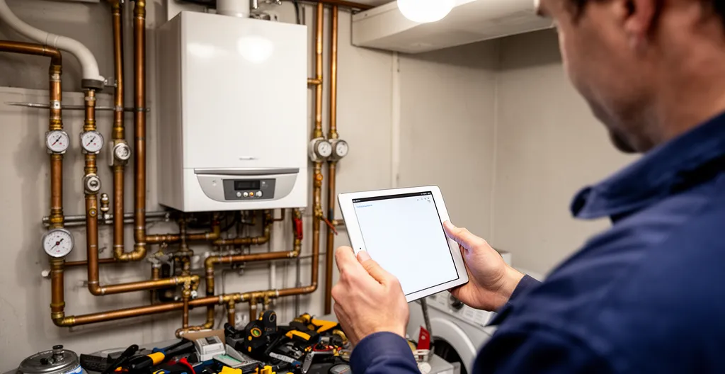 Technicien diagnostiqueur examinant une chaudière murale avec une tablette dans une buanderie