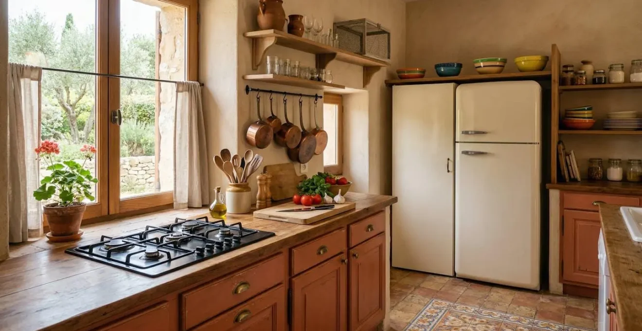 Cuisine équipée de meublé de vacances avec plaques, réfrigérateur et ustensiles rangés