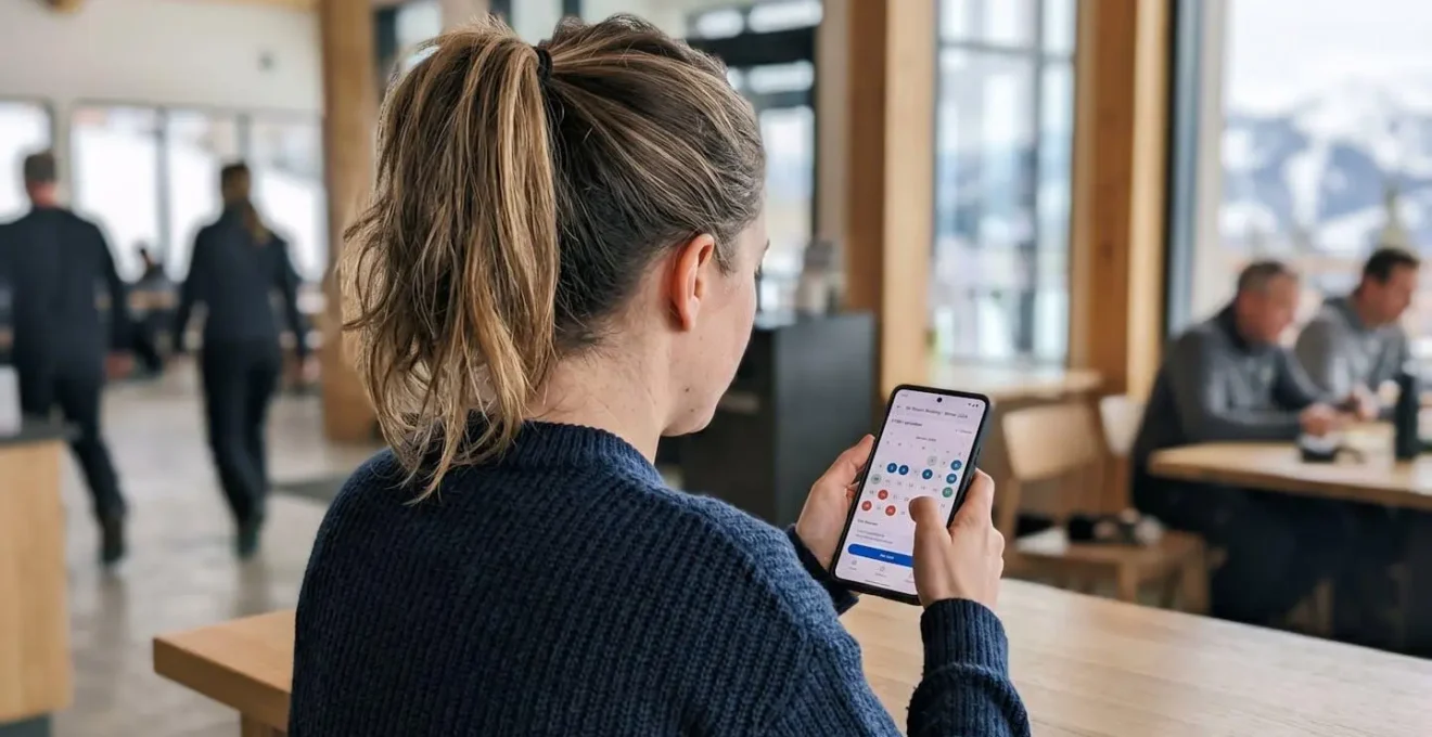 Une personne vue de dos consulte un calendrier sur son smartphone dans un intérieur moderne lumineux